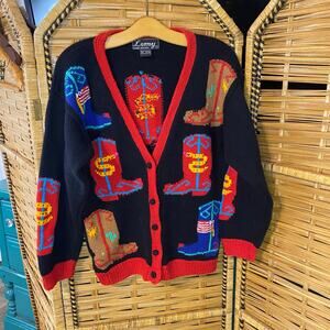 Vintage Lumy Hand Knit Cowboy Boot Sweater Cardigan Medium Peru western novelty